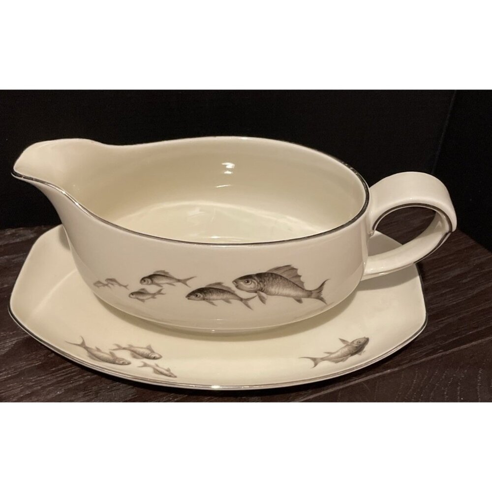 Thomas Ivory Bavaria Germany Fish Fishes Gravy Boat Bowl‎ Underplate Vintage